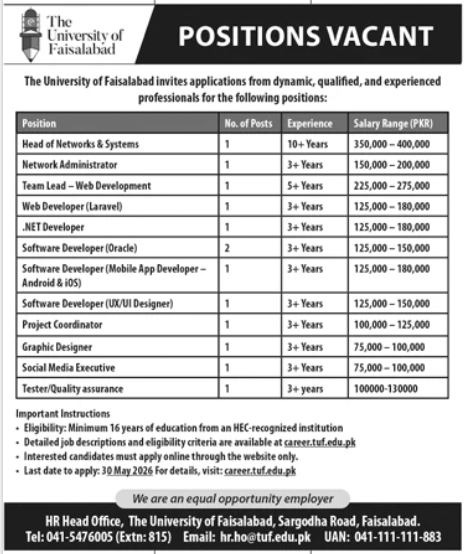 The University of Faisalabad Jobs 2026 Apply Online