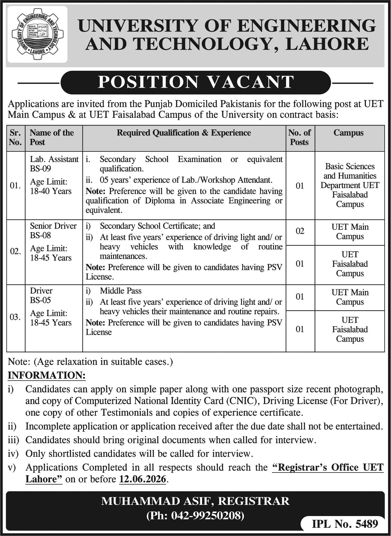 UET Lahore Jobs 2026 Advertisement
