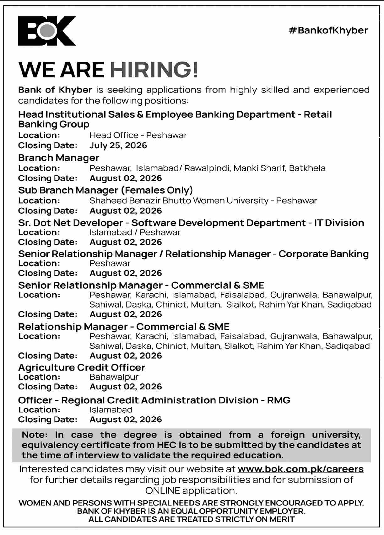 Bank of Khyber Jobs Advertisement 2026